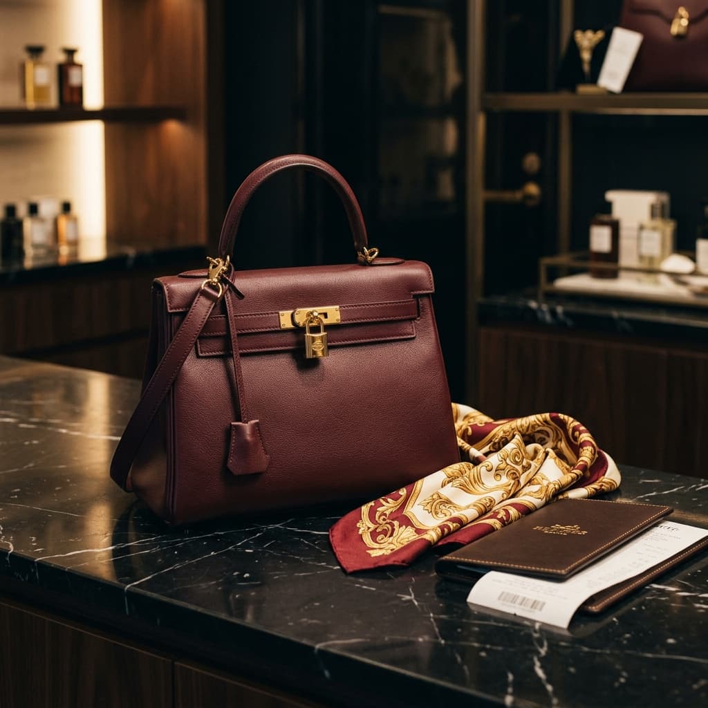 Selección y confirmación visual de bolsos y accesorios exclusivos.
